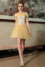 Cap Sleeves Mini Length Beading Side Zipper Prom Evening Gown with Gold