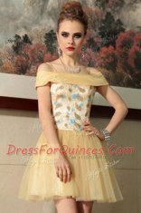 Cap Sleeves Mini Length Beading Side Zipper Prom Evening Gown with Gold
