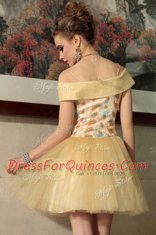 Cap Sleeves Mini Length Beading Side Zipper Prom Evening Gown with Gold
