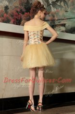 Cap Sleeves Mini Length Beading Side Zipper Prom Evening Gown with Gold
