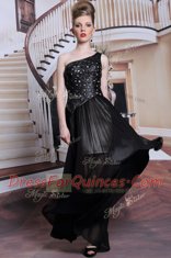 High Class One Shoulder Sleeveless Prom Gown Floor Length Appliques Black Chiffon