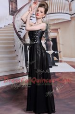 High Class One Shoulder Sleeveless Prom Gown Floor Length Appliques Black Chiffon
