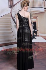 High Class One Shoulder Sleeveless Prom Gown Floor Length Appliques Black Chiffon
