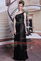 High Class One Shoulder Sleeveless Prom Gown Floor Length Appliques Black Chiffon