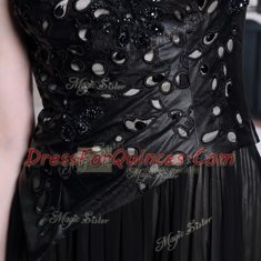 High Class One Shoulder Sleeveless Prom Gown Floor Length Appliques Black Chiffon
