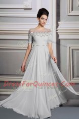 Edgy Scoop Silver Empire Appliques and Belt Prom Dress Zipper Satin Short Sleeves Floor Length