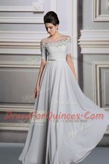 Edgy Scoop Silver Empire Appliques and Belt Prom Dress Zipper Satin Short Sleeves Floor Length