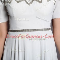 Edgy Scoop Silver Empire Appliques and Belt Prom Dress Zipper Satin Short Sleeves Floor Length