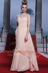 Comfortable Baby Pink One Shoulder Neckline Appliques and Ruching Evening Dress Long Sleeves Side Zipper