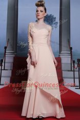 Comfortable Baby Pink One Shoulder Neckline Appliques and Ruching Evening Dress Long Sleeves Side Zipper