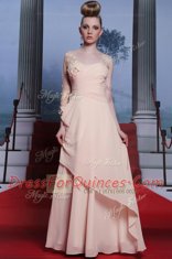 Comfortable Baby Pink One Shoulder Neckline Appliques and Ruching Evening Dress Long Sleeves Side Zipper