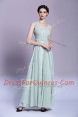 Floor Length Light Blue Prom Dress Chiffon Sleeveless Beading and Ruching