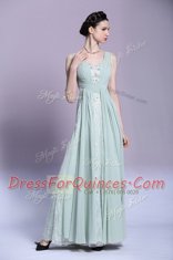 Floor Length Light Blue Prom Dress Chiffon Sleeveless Beading and Ruching