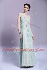 Floor Length Light Blue Prom Dress Chiffon Sleeveless Beading and Ruching