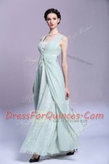 Floor Length Light Blue Prom Dress Chiffon Sleeveless Beading and Ruching