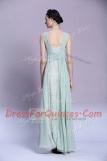Floor Length Light Blue Prom Dress Chiffon Sleeveless Beading and Ruching