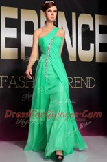 One Shoulder Beading and Ruching Prom Evening Gown Turquoise Backless Sleeveless Floor Length