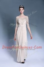 Customized Champagne Zipper Bateau Beading and Pleated Prom Evening Gown Chiffon Short Sleeves