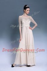 Customized Champagne Zipper Bateau Beading and Pleated Prom Evening Gown Chiffon Short Sleeves