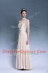 Customized Champagne Zipper Bateau Beading and Pleated Prom Evening Gown Chiffon Short Sleeves