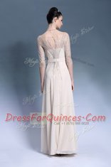 Customized Champagne Zipper Bateau Beading and Pleated Prom Evening Gown Chiffon Short Sleeves