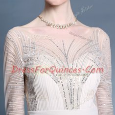 Customized Champagne Zipper Bateau Beading and Pleated Prom Evening Gown Chiffon Short Sleeves