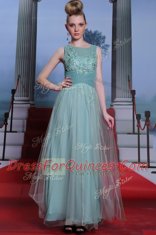 Simple Floor Length Side Zipper Prom Dress Light Blue for Prom and Party with Beading and Appliques and Ruching