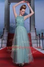 Simple Floor Length Side Zipper Prom Dress Light Blue for Prom and Party with Beading and Appliques and Ruching