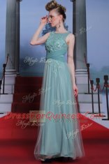 Simple Floor Length Side Zipper Prom Dress Light Blue for Prom and Party with Beading and Appliques and Ruching