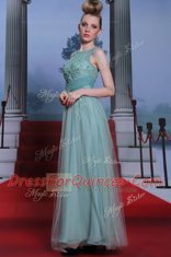 Simple Floor Length Side Zipper Prom Dress Light Blue for Prom and Party with Beading and Appliques and Ruching