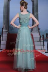 Simple Floor Length Side Zipper Prom Dress Light Blue for Prom and Party with Beading and Appliques and Ruching