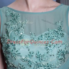 Simple Floor Length Side Zipper Prom Dress Light Blue for Prom and Party with Beading and Appliques and Ruching