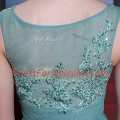 Simple Floor Length Side Zipper Prom Dress Light Blue for Prom and Party with Beading and Appliques and Ruching