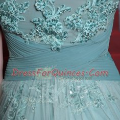 Simple Floor Length Side Zipper Prom Dress Light Blue for Prom and Party with Beading and Appliques and Ruching