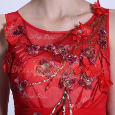 Flare Red Prom Gown Prom and Party and For with Hand Made Flower Bateau Sleeveless Zipper