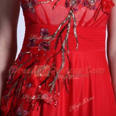 Flare Red Prom Gown Prom and Party and For with Hand Made Flower Bateau Sleeveless Zipper
