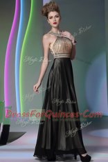 Dynamic Halter Top Sleeveless Prom Gown Floor Length Beading Black Chiffon
