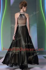 Dynamic Halter Top Sleeveless Prom Gown Floor Length Beading Black Chiffon