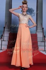 Superior Scalloped Sleeveless Prom Dresses Floor Length Beading Orange Chiffon