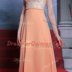 Superior Scalloped Sleeveless Prom Dresses Floor Length Beading Orange Chiffon