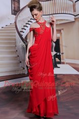 Inexpensive Red Column/Sheath Chiffon Scoop Sleeveless Beading and Appliques Floor Length Side Zipper Prom Gown