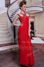 Inexpensive Red Column/Sheath Chiffon Scoop Sleeveless Beading and Appliques Floor Length Side Zipper Prom Gown