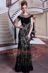 Black Scoop Neckline Beading and Lace and Hand Made Flower Evening Dress Cap Sleeves Zipper