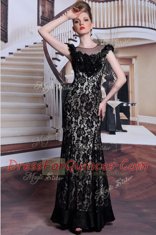 Black Scoop Neckline Beading and Lace and Hand Made Flower Evening Dress Cap Sleeves Zipper
