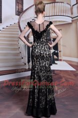 Black Scoop Neckline Beading and Lace and Hand Made Flower Evening Dress Cap Sleeves Zipper