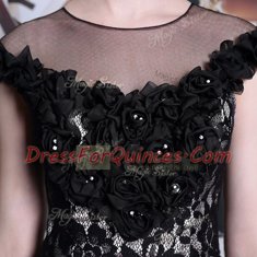 Black Scoop Neckline Beading and Lace and Hand Made Flower Evening Dress Cap Sleeves Zipper