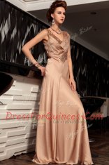 Custom Made Sleeveless Backless Floor Length Beading and Ruching Evening Dress