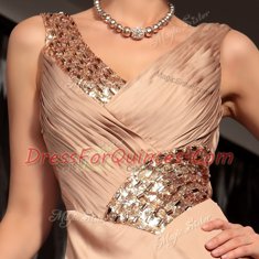 Custom Made Sleeveless Backless Floor Length Beading and Ruching Evening Dress