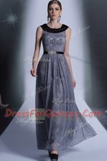 Edgy Scoop Belt Homecoming Dress Grey Side Zipper Sleeveless Floor Length