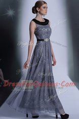 Edgy Scoop Belt Homecoming Dress Grey Side Zipper Sleeveless Floor Length